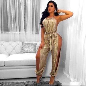 Gold Metallic Slit Leg Jumpsuits Stylish Jumpsuit